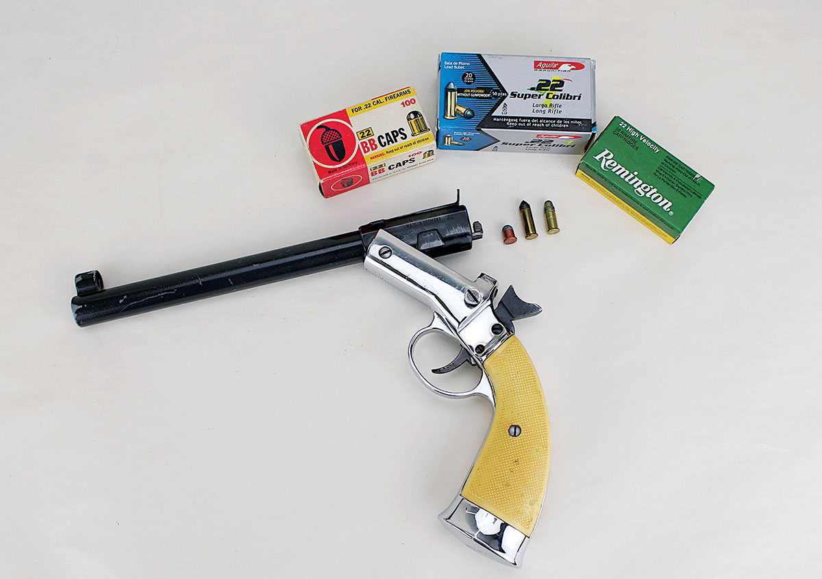 Though designed for 22 Short, Long and Long Rifle cartridges, 22 BB Caps and Super Colibris with  primer-driven bullets are eminently appropriate for shooting in the petite pistol.